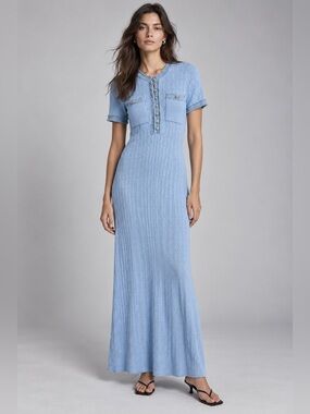 Sierra Darien Blue Pointelle Knit Maxi Dress Silver Button Raw Edge